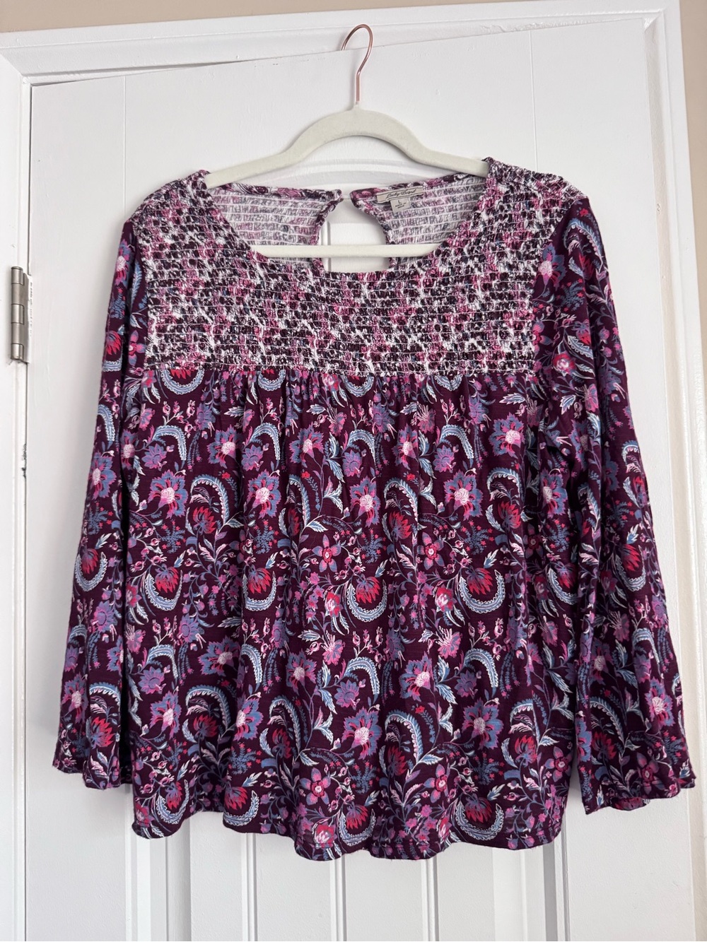 Lucky brand bell sleeved Women's Floral Smocked Yoke Top - Purple Multi
